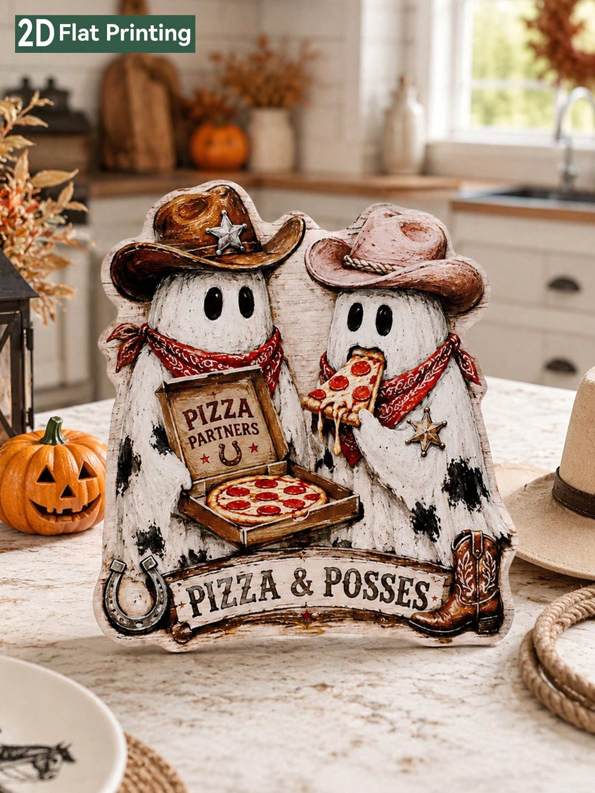 cowboy ghost pizza Halloween sign - main photo