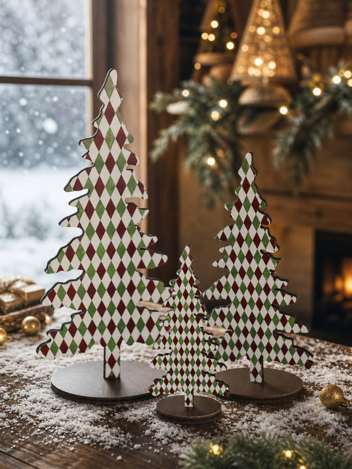 patterned Christmas tree tabletop decor - Harlequin Diamond styled photo
