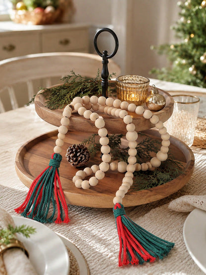 wood bead garland with tassels - Natural with Red & Green Tassels styled photo