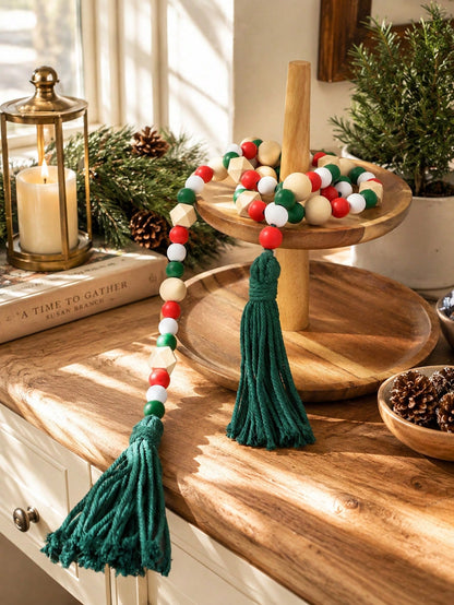 geometric wood bead garland - Red, Green & Natural styled photo