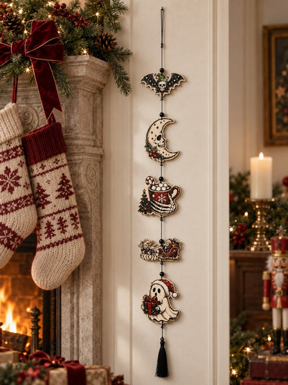 Creepy Christmas skeleton hanging decor beside a fireplace with stockings