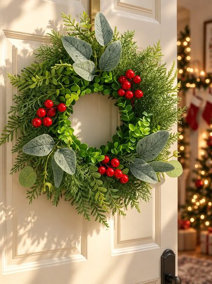 Eucalyptus and red berry Christmas wreath on a white front door