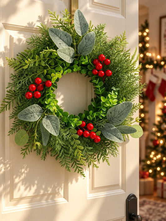 Eucalyptus and red berry Christmas wreath on a white front door