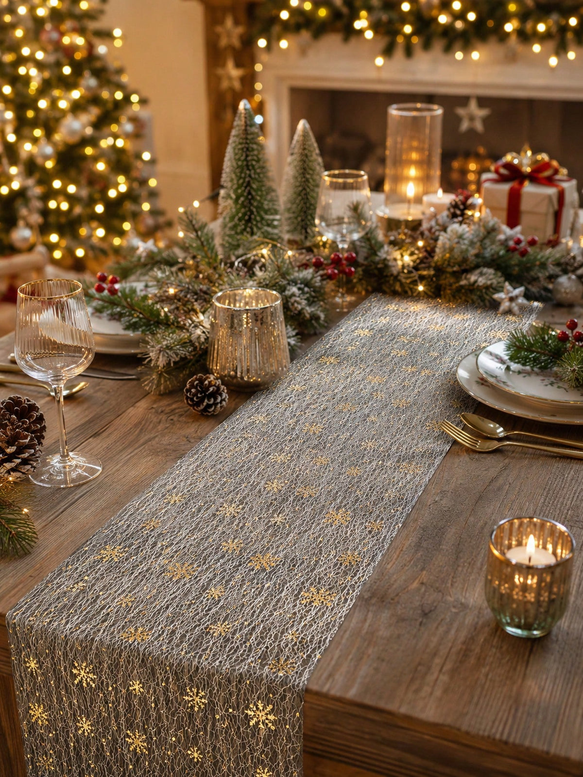 snowflake sheer table runner - Gold styled photo