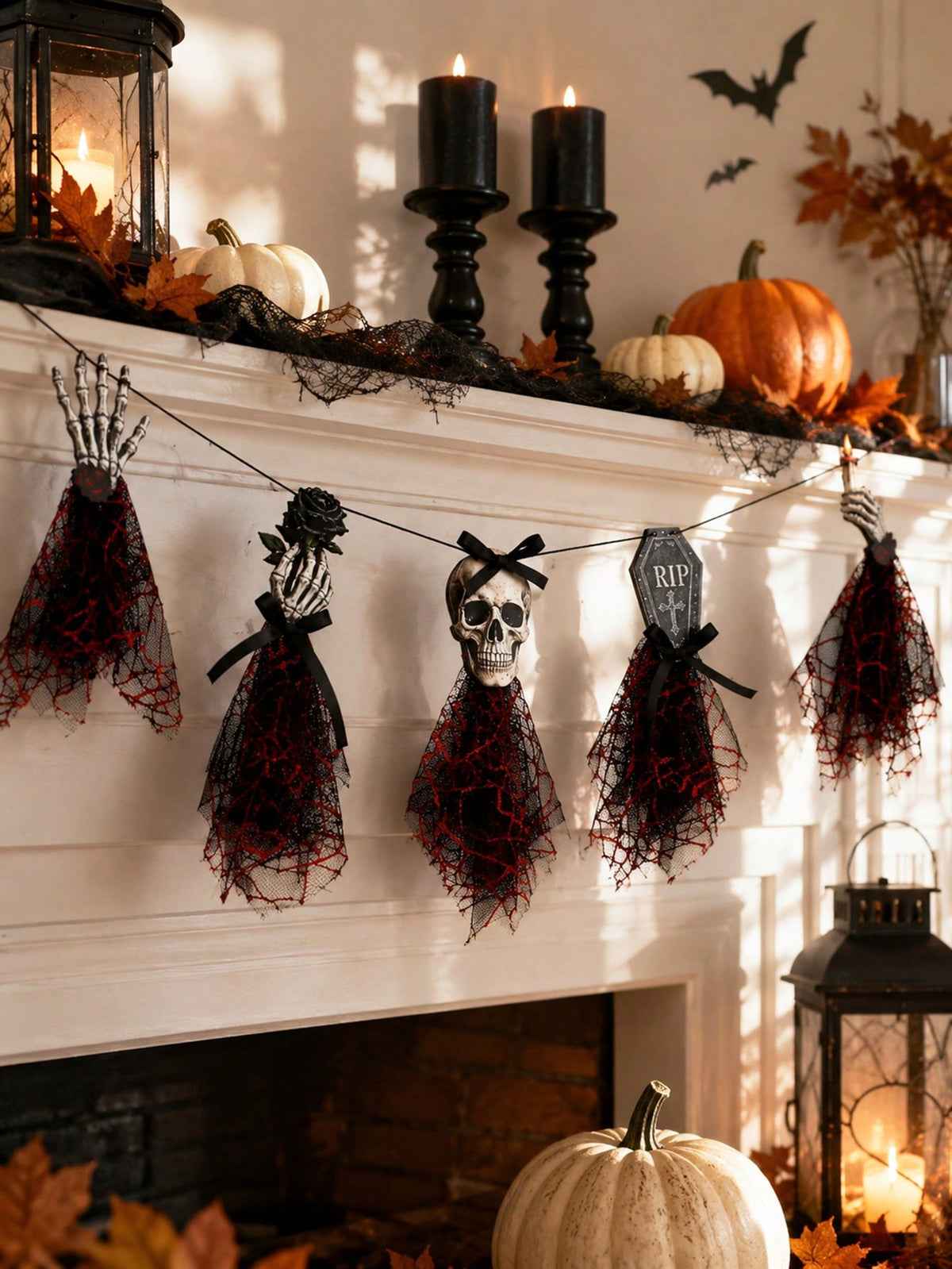 Gothic skeleton Halloween banner on a mantel with candles and pumpkins