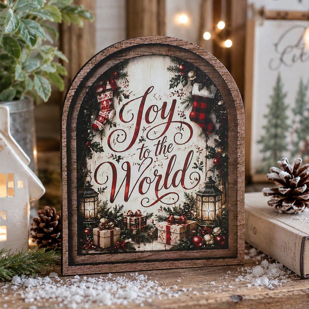 joy to the world arch tabletop sign - styled photo