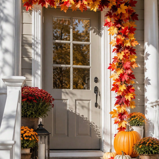 Fall maple leaf garland framing a white front door with mums