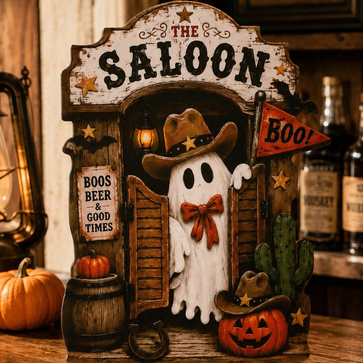 ghost saloon Halloween tabletop sign - styled photo