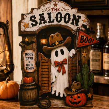 ghost saloon Halloween tabletop sign - styled photo