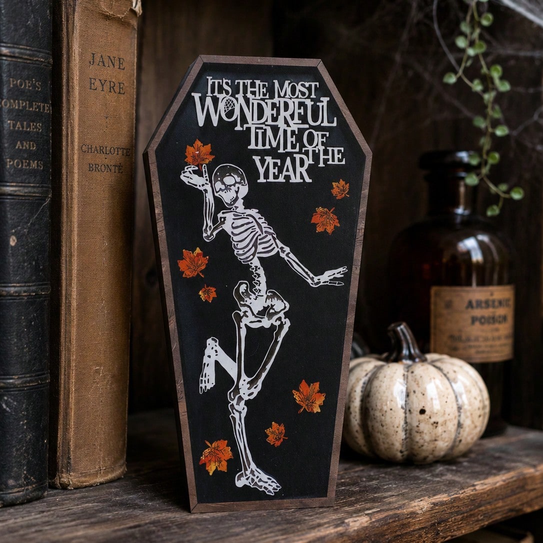 dancing skeleton coffin sign - styled photo