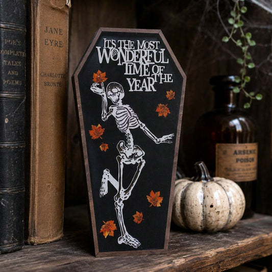 dancing skeleton coffin sign - styled photo