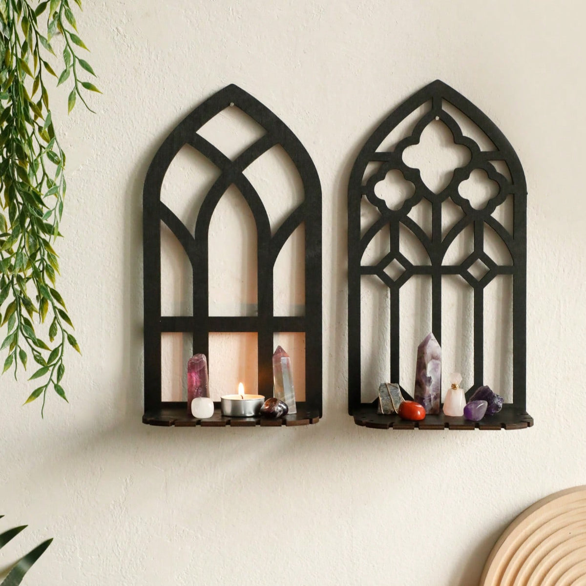 gothic arch window wall shelf - styled photo