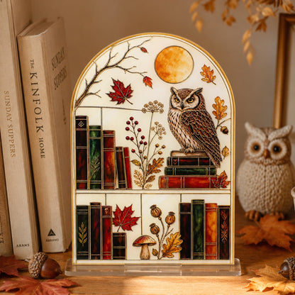 autumn owl bookshelf tabletop sign - styled photo