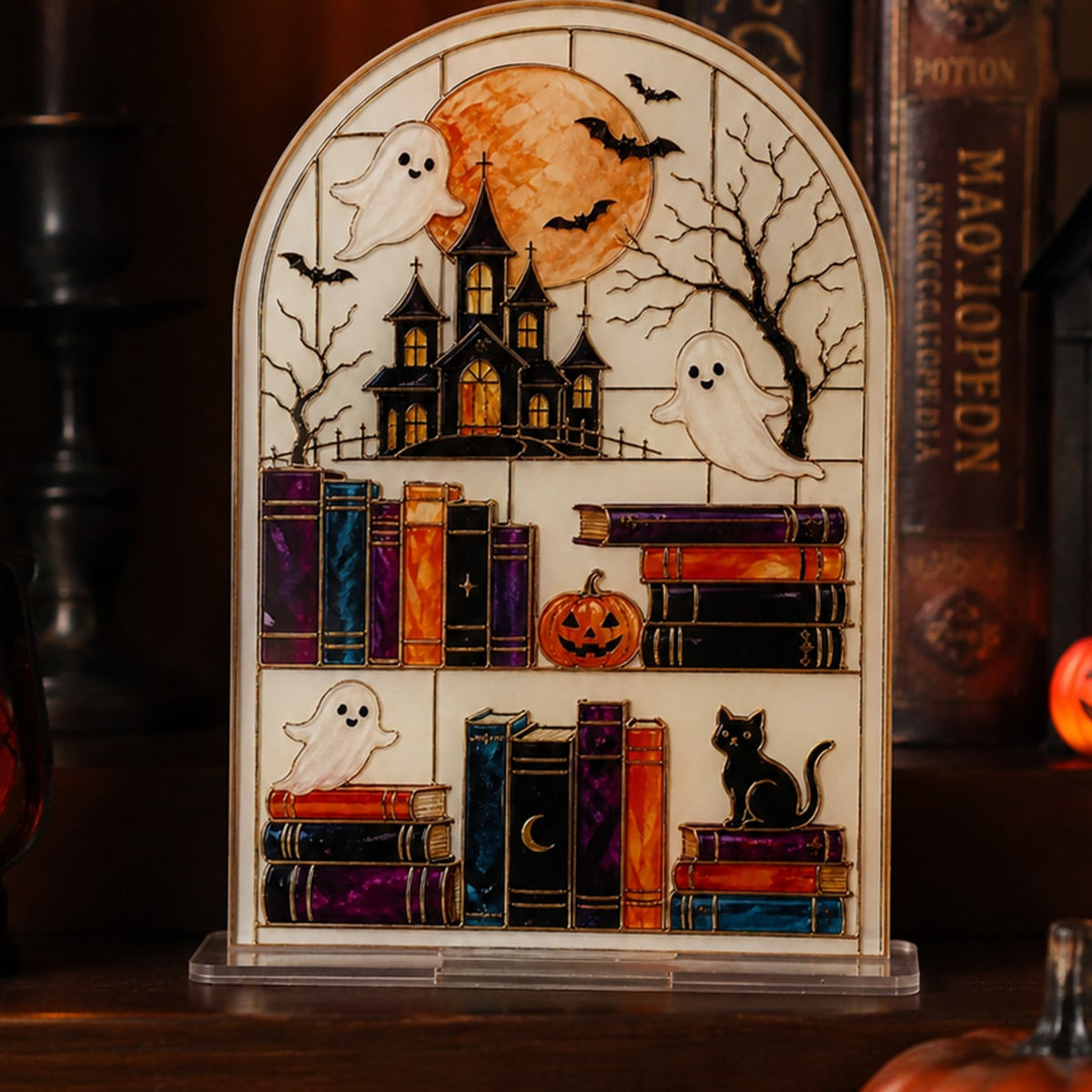 haunted house bookshelf Halloween sign - styled photo