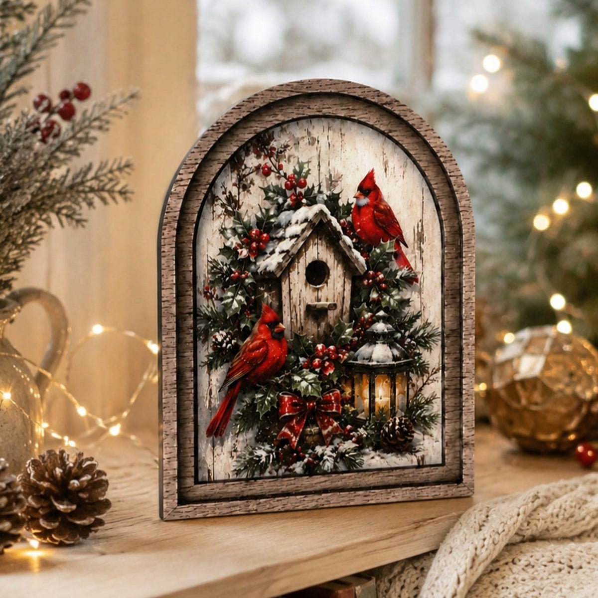 cardinal birdhouse winter arch sign - styled photo