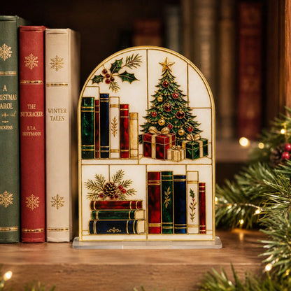 Christmas bookshelf scene plaque - styled photo