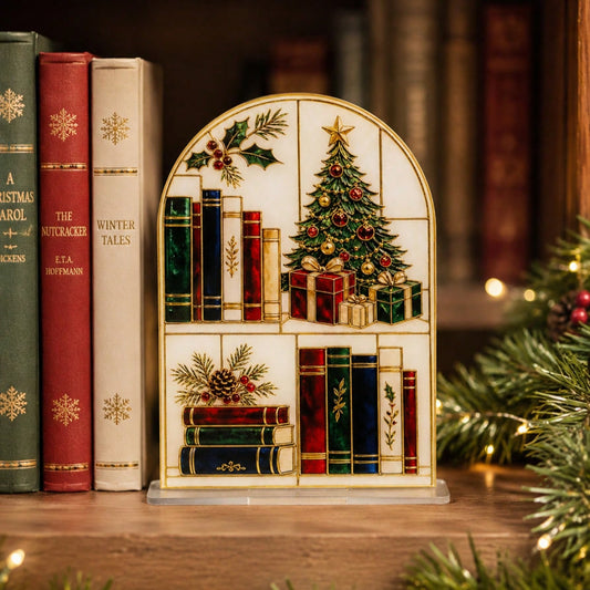 Christmas bookshelf scene plaque - styled photo