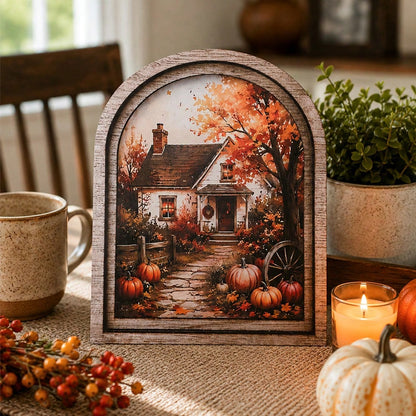 fall farmhouse arch tabletop sign - styled photo