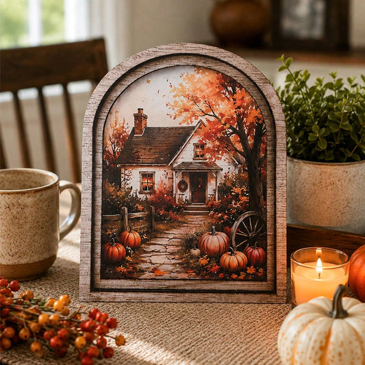 fall farmhouse arch tabletop sign - styled photo