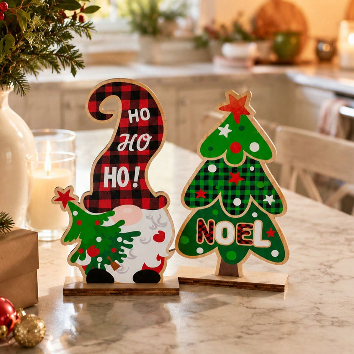 gnome Christmas tree tabletop sign - styled photo