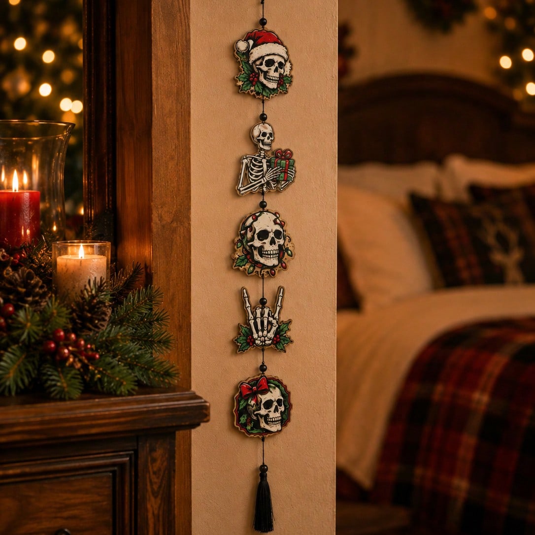 creepy Christmas skull hanging decor - styled photo
