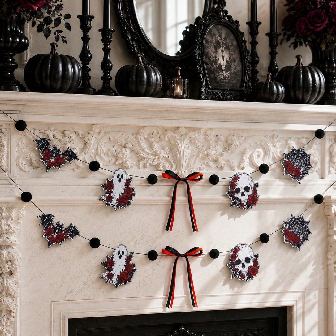 Gothic skull Halloween garland with roses close-up on a mantel with black decor