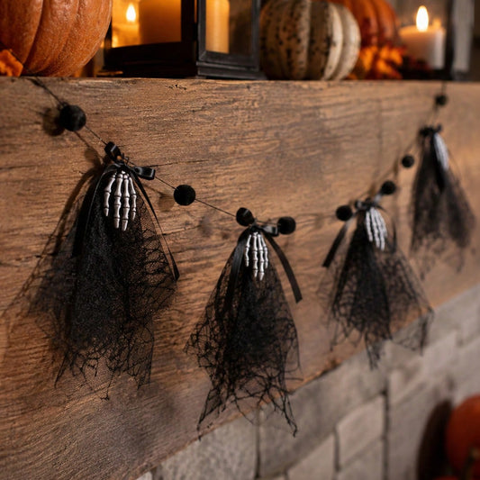 skeleton hand black tulle Halloween banner - styled photo