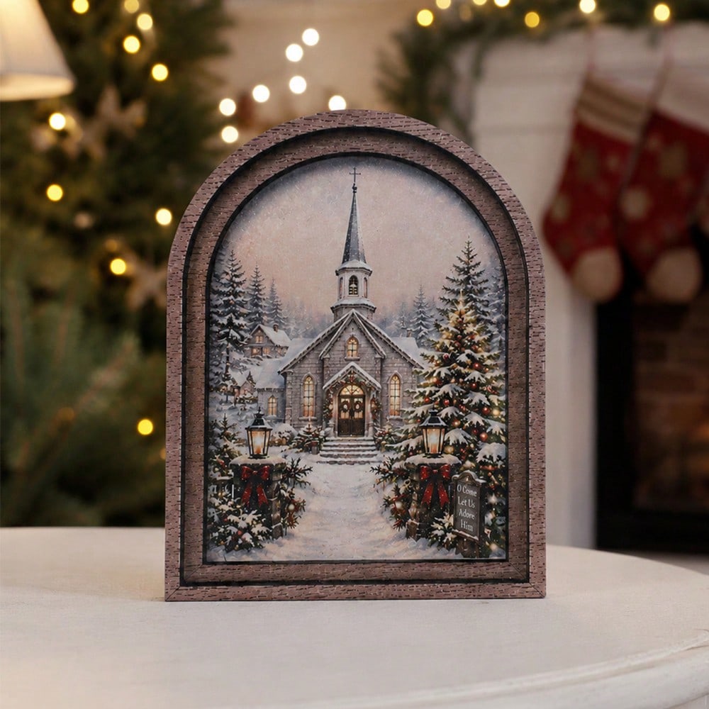 snowy church winter arch sign - styled photo