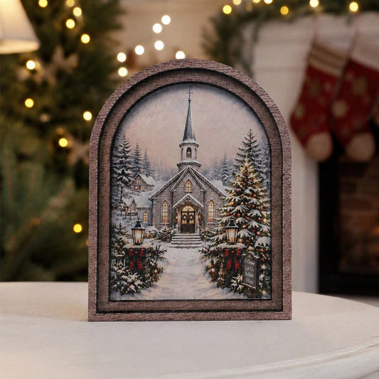 snowy church winter arch sign - styled photo