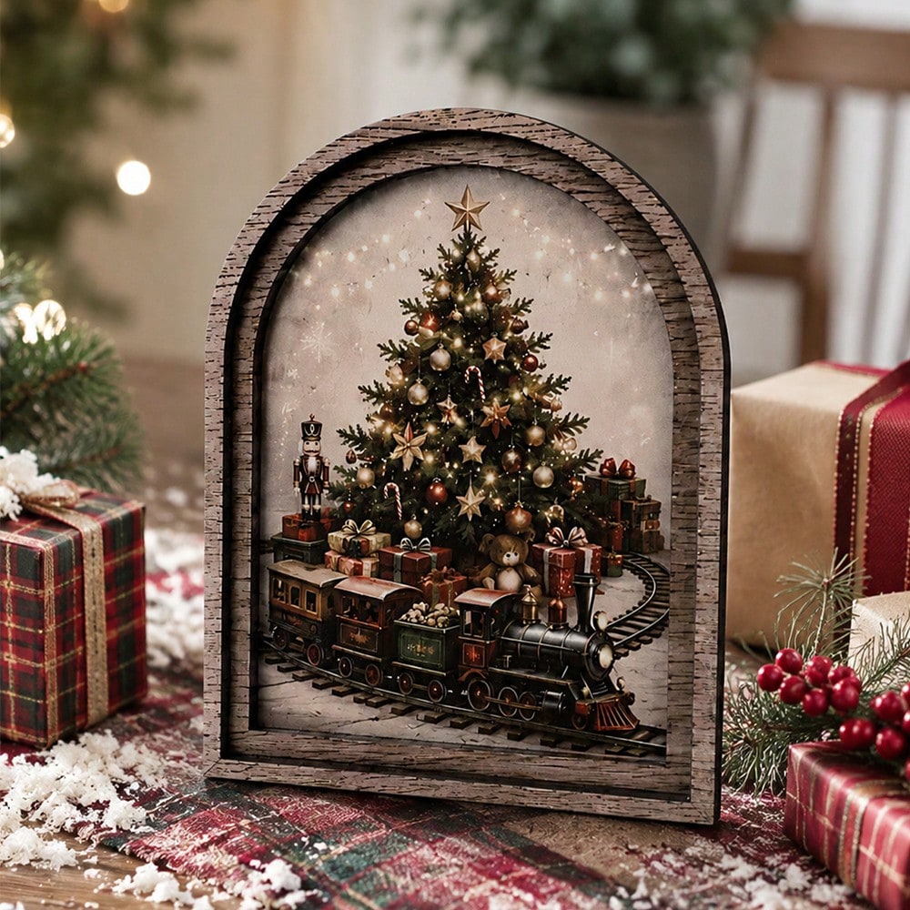 Christmas tree train arch tabletop sign - styled photo