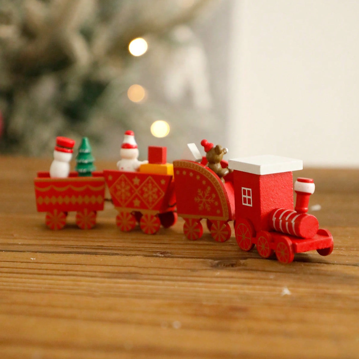 red Christmas train bear snowman - styled photo