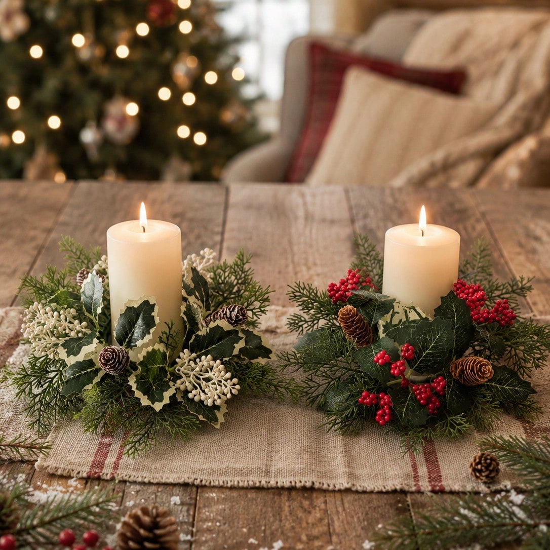 Christmas candle ring wreath pair on a table runner