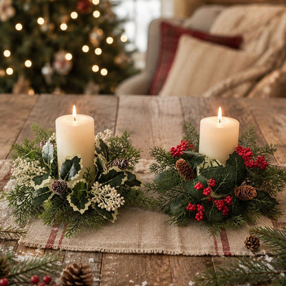 Christmas candle ring wreath pair on a table runner