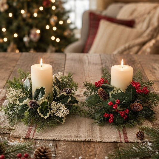 Christmas candle ring wreath pair on a table runner