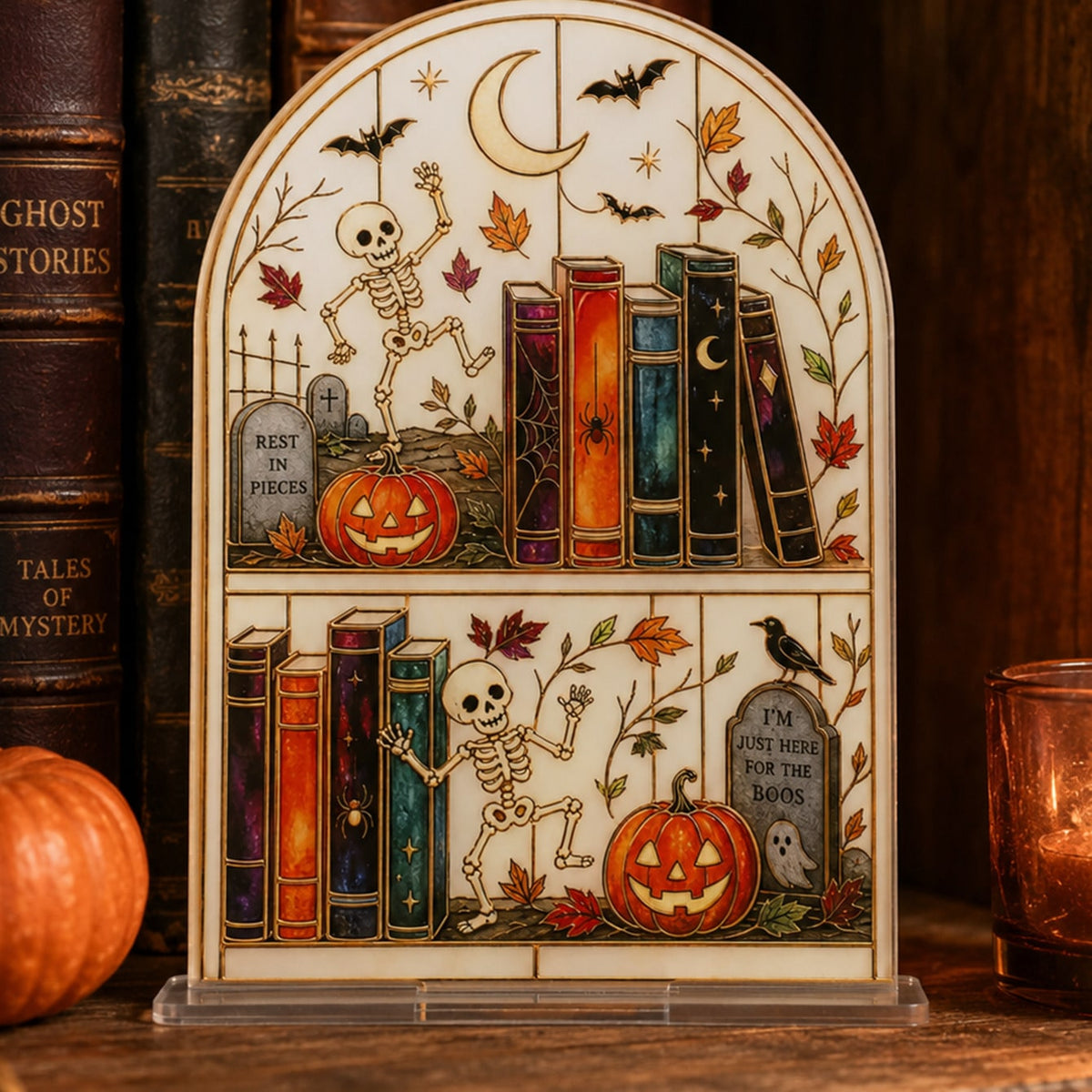skeleton bookshelf Halloween tabletop sign - styled photo