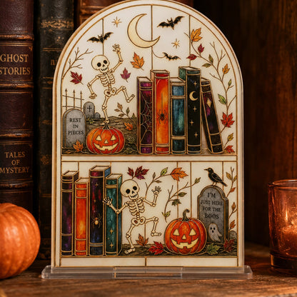 skeleton bookshelf Halloween tabletop sign - styled photo