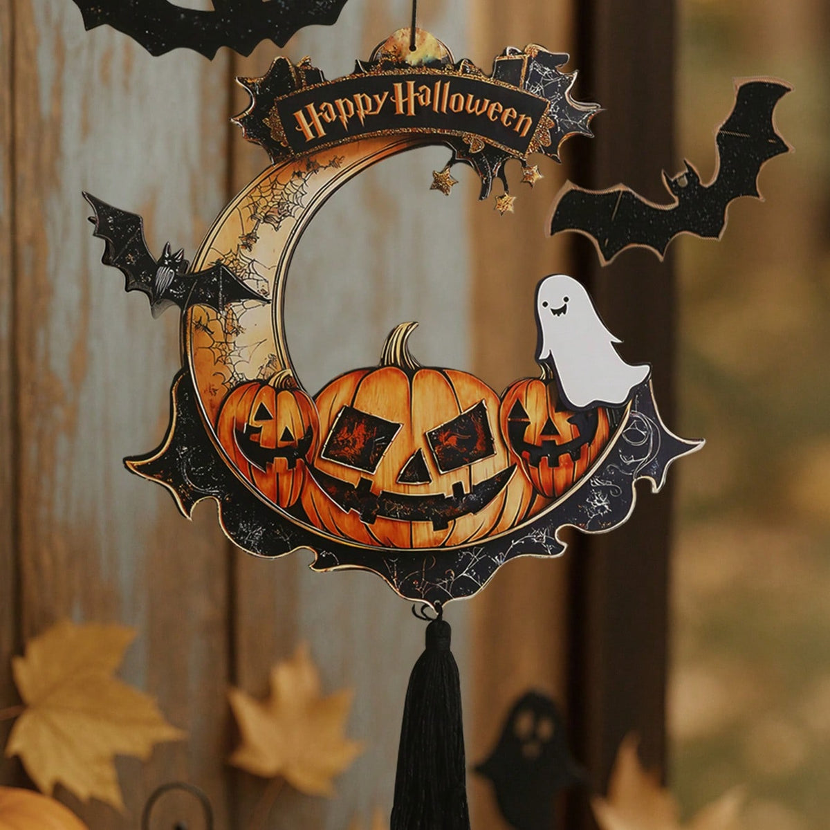 crescent moon pumpkin hanging decor - styled photo