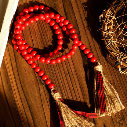 wood bead garland with tassels - Red photo 2