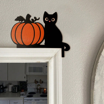 black cat pumpkin door corner decor - styled photo