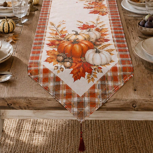 fall pumpkin plaid table runner - styled photo