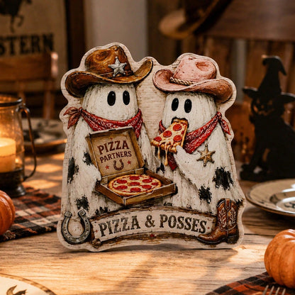 cowboy ghost pizza Halloween sign - styled photo