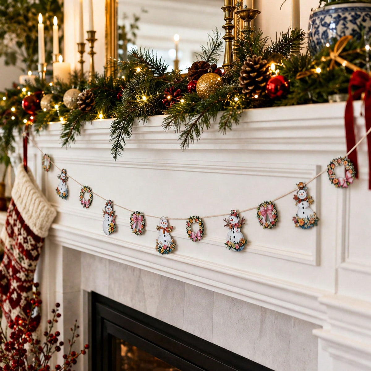 floral snowman wreath garland - styled photo