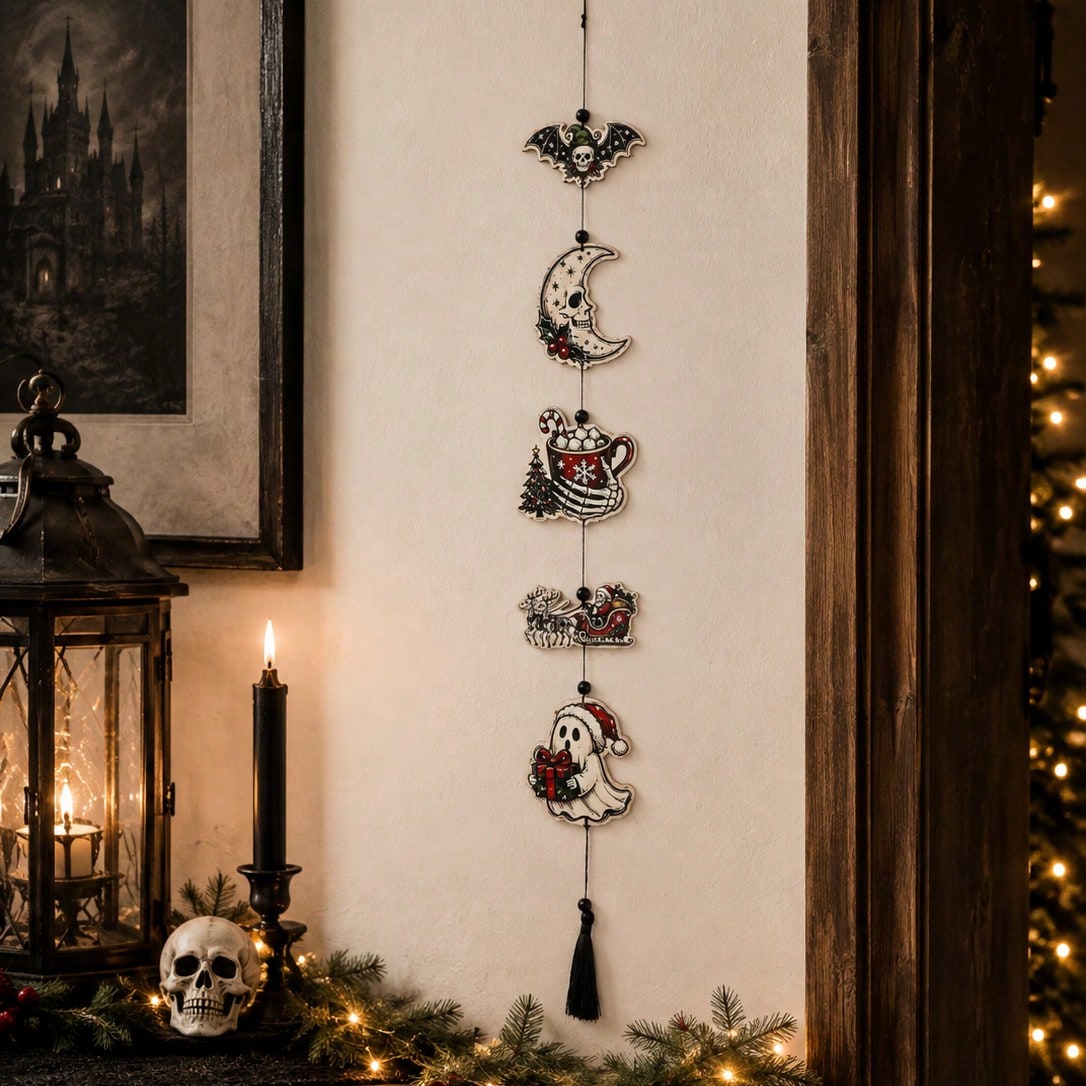 Creepy Christmas skeleton hanging decor on a dark shelf with skull