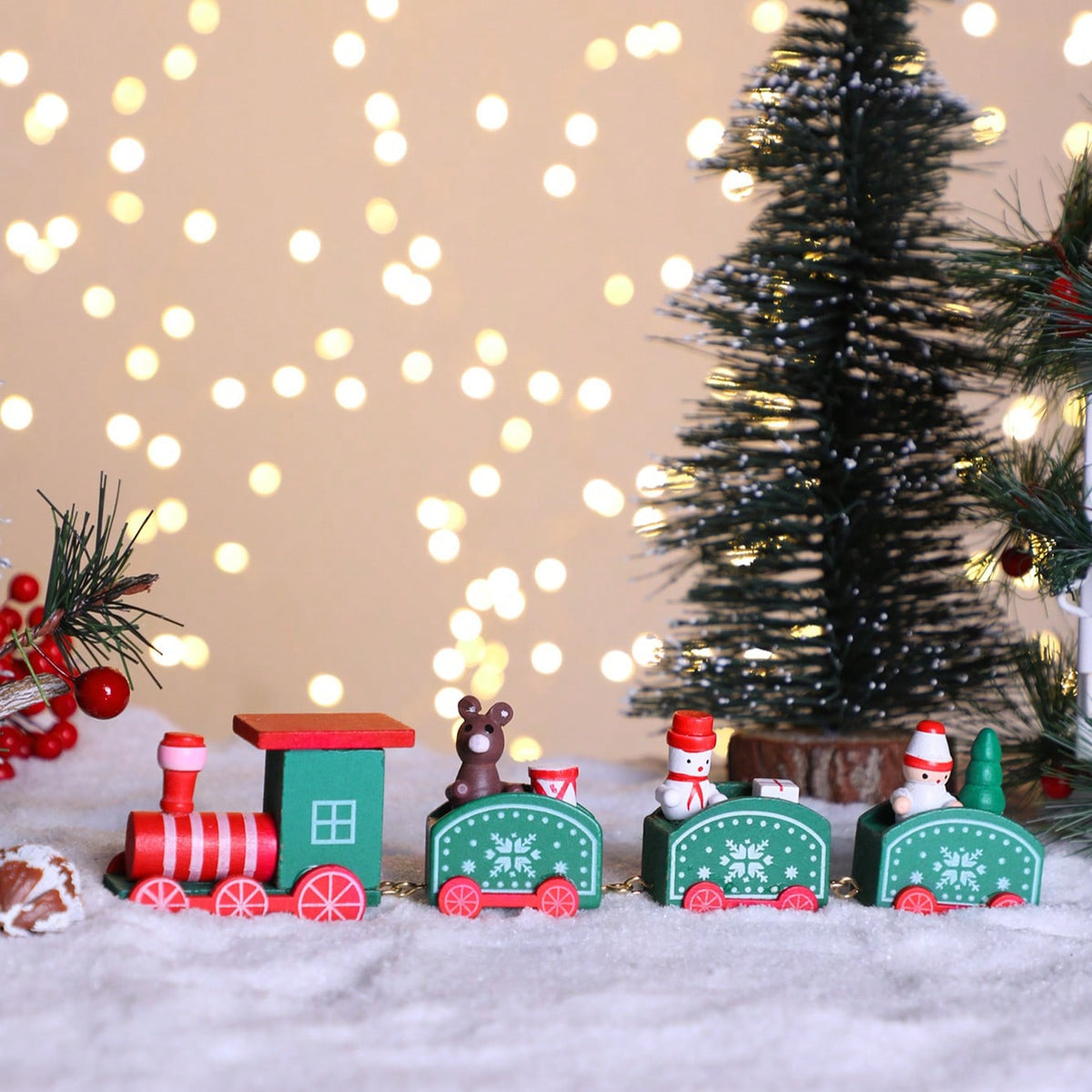 green red Christmas train decor - styled photo