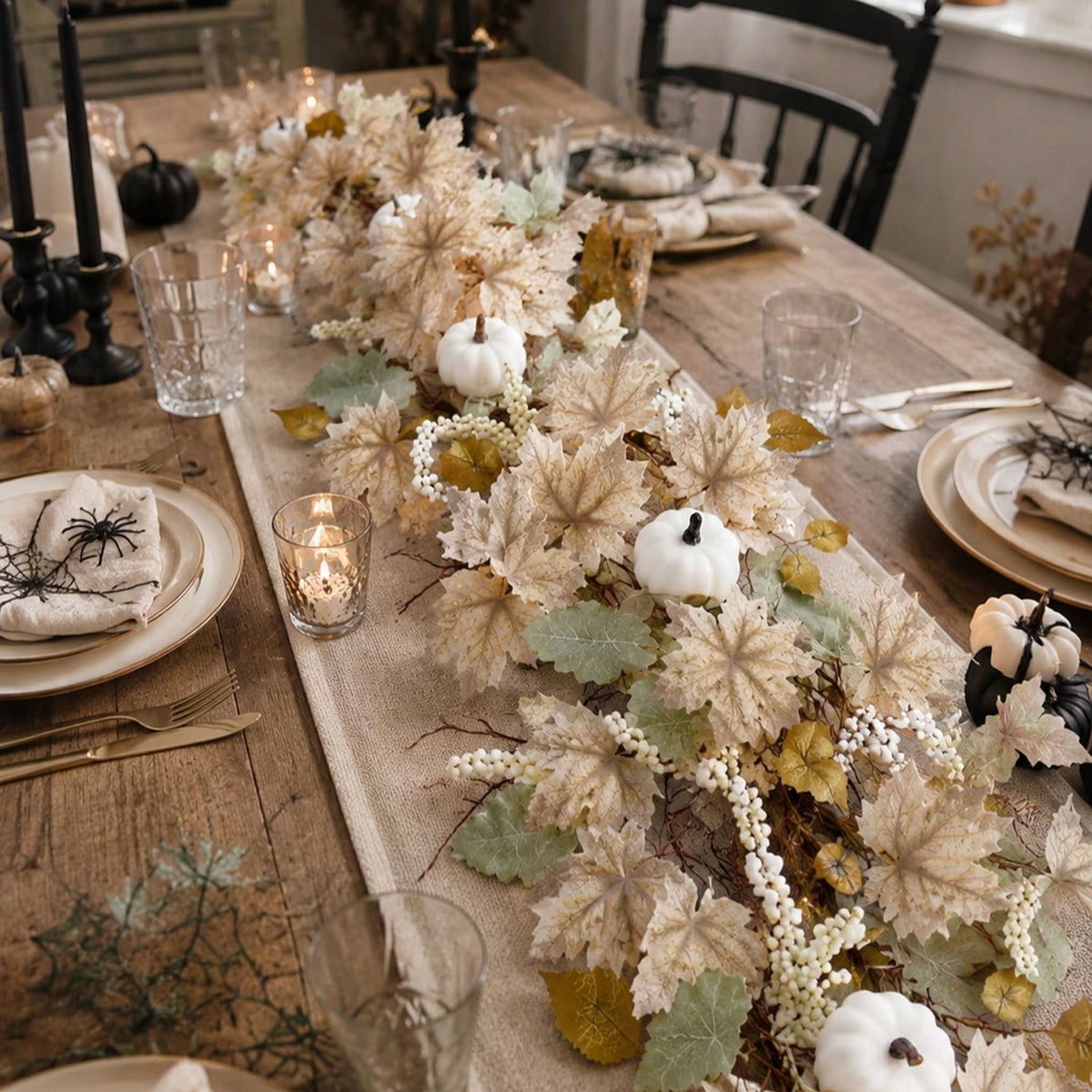 fall maple garland white pumpkins - styled photo