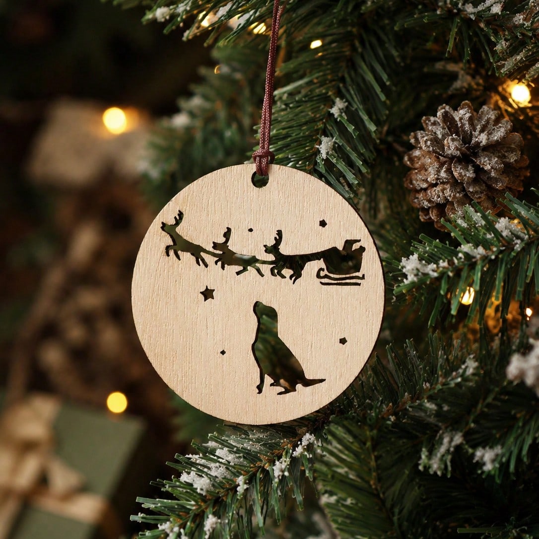 dog Santa sleigh ornament - styled photo