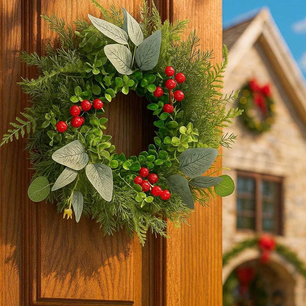 Eucalyptus and red berry Christmas wreath on a wooden door, close-up