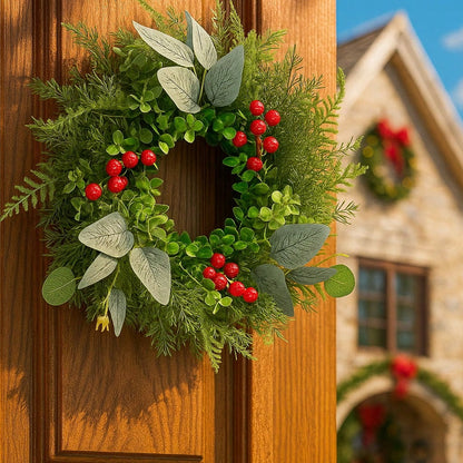 Eucalyptus and red berry Christmas wreath on a wooden door, close-up