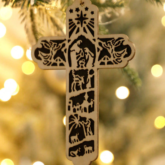 nativity cross Christmas ornament - styled photo