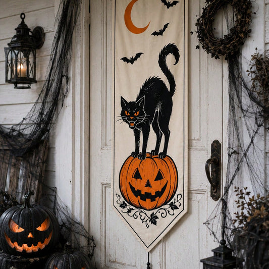 black cat pumpkin Halloween porch banner - styled photo